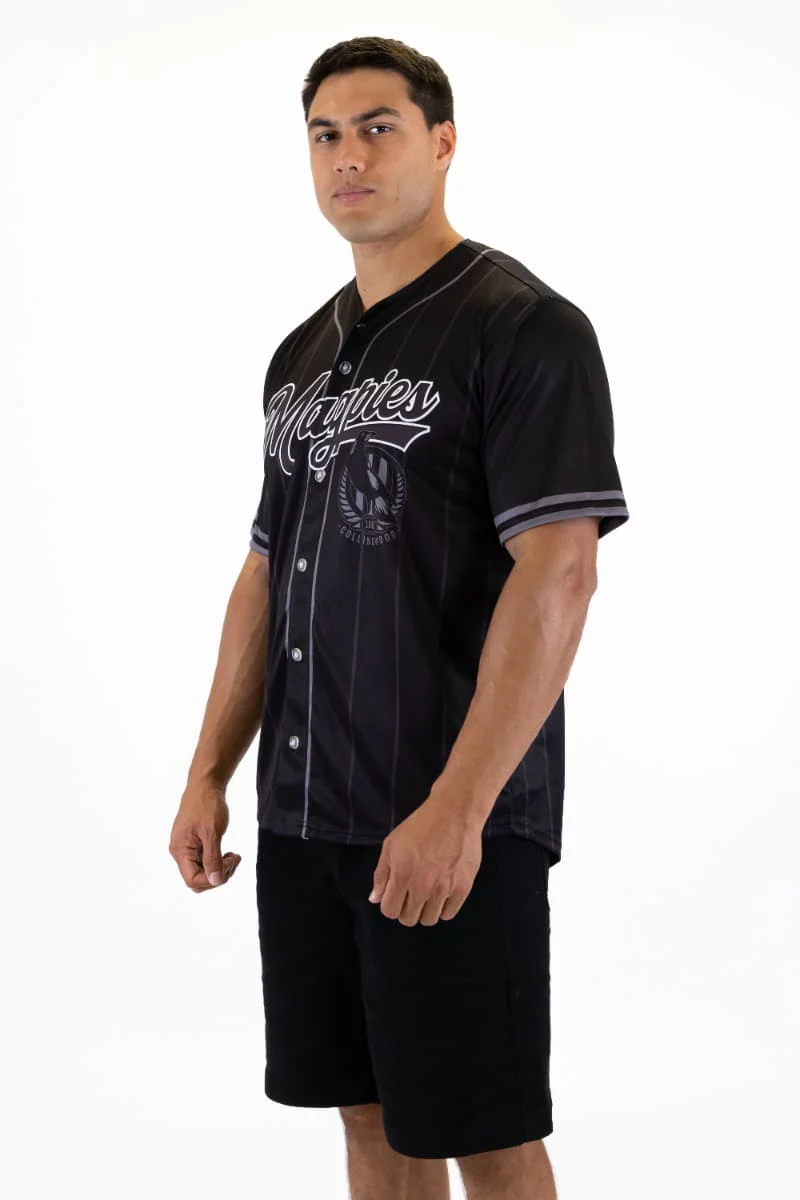 Collingwood Magpies AFL Mens Blackout Baseball Shirt - Image 2