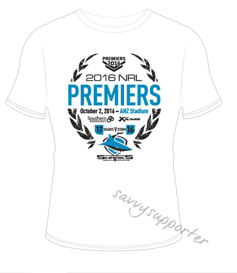 Cronulla Sharks 2016 NRL White Premiers Tee Shirt Mens and Ladies. - Image 3