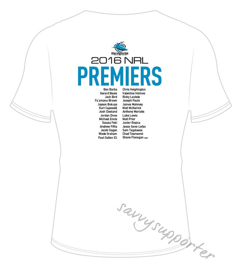 Cronulla Sharks 2016 NRL White Premiers Tee Shirt Mens and Ladies. - Image 4