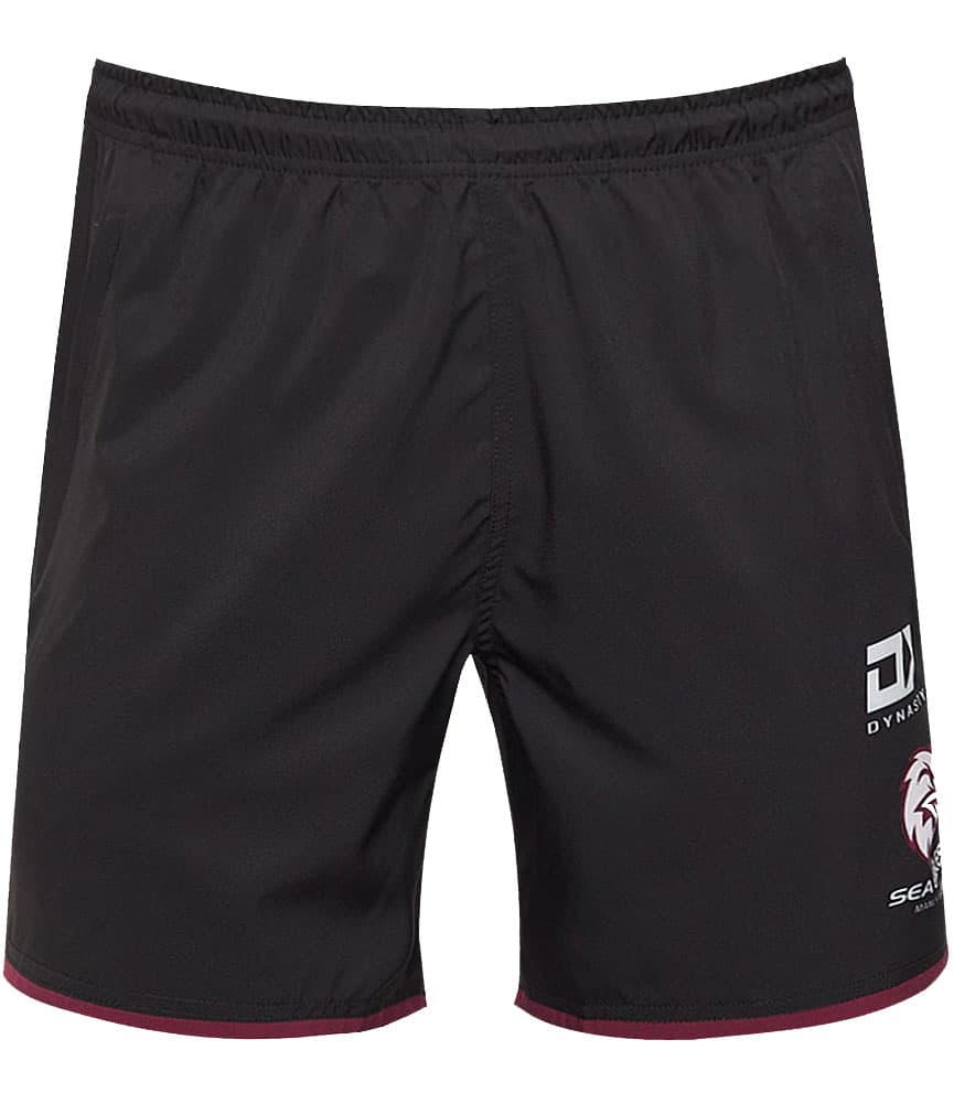 Manly Sea Eagles NRL Mens Black Gym Shorts Zip Pockets - Image 2