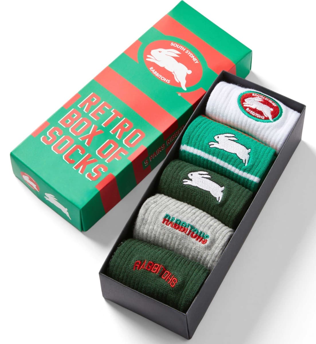 South Sydney Rabbitohs NRL Retro 5 Pack Box Socks