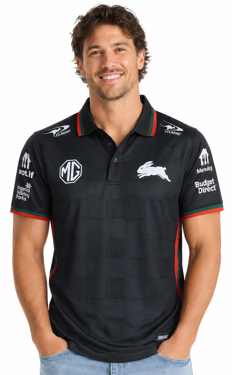 South Sydney Rabbitohs 2026 NRL Mens Black Team Polo Shirt - Image 2