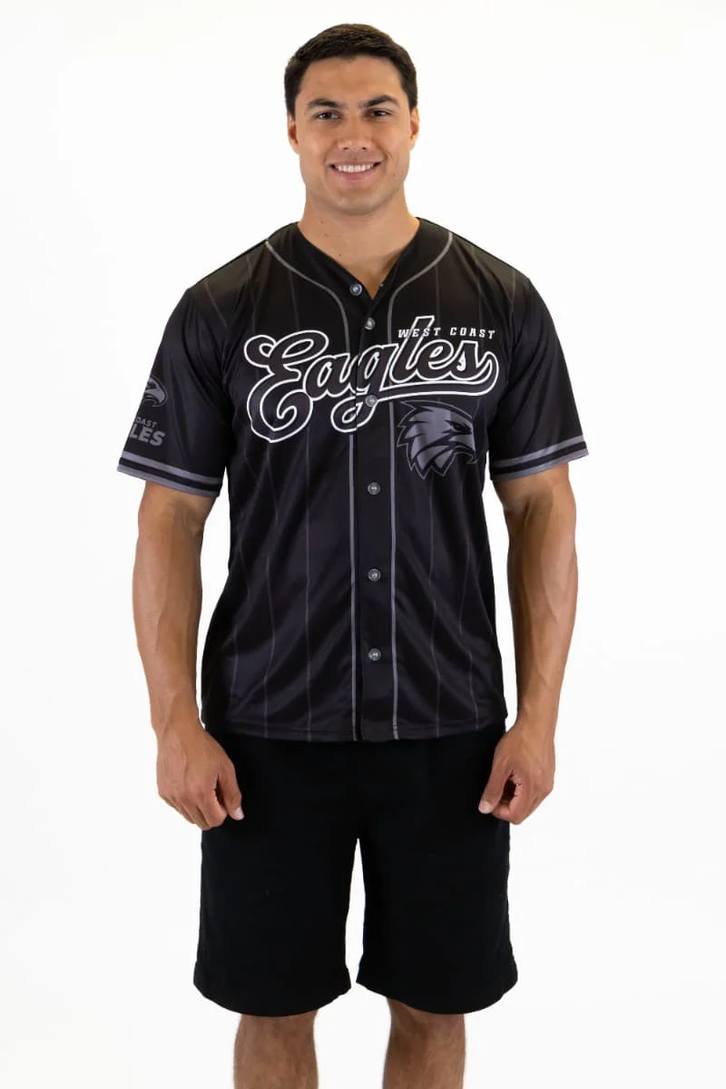 West Coast Eagles AFL Mens Blackout Baseball Shirt - Image 2