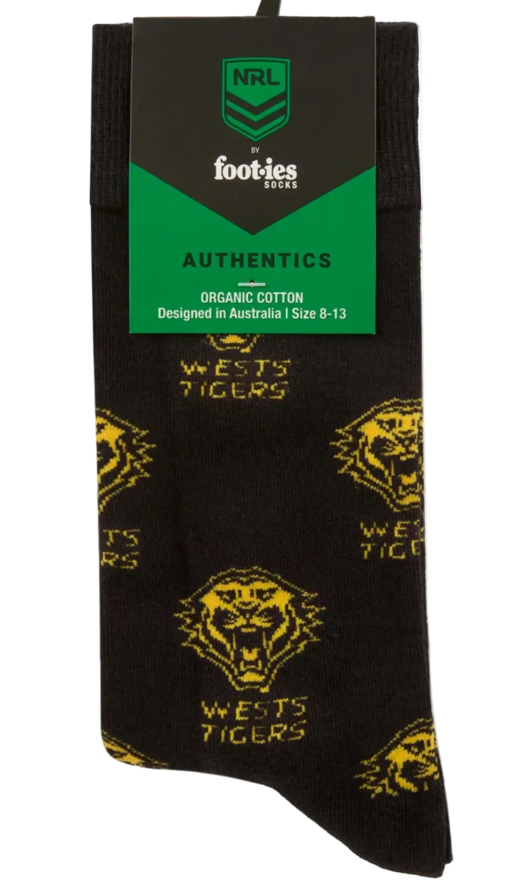 Wests Tigers 2026 NRL Mens Black Organic Cotton Crew Socks - Image 2