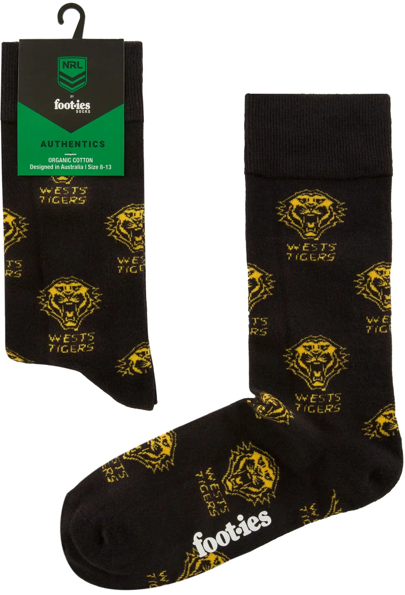 Wests Tigers 2026 NRL Mens Black Organic Cotton Crew Socks - Image 3